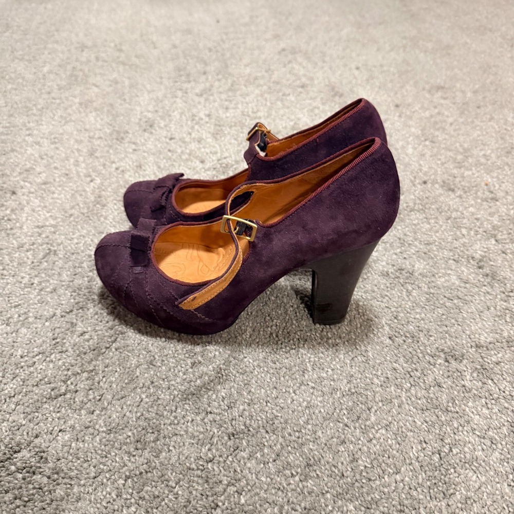 Chie Mihara Purple Suede Mary Jane Pumps Bow Block Heel Made in‎ Spain Size 37 - Picture 3 of 10